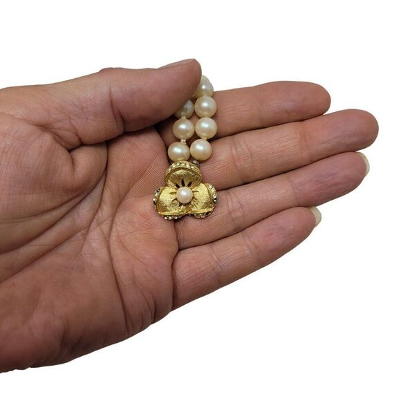 Vintage Glass Faux Pearl Double Strand Princess Necklace Gold Rhinestone Flower - Picture 7 of 11